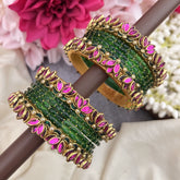Vriksham Green With  Pink Lotus & Kundan Floral Style Silk Thread Bangle Set-G19877